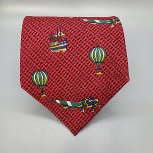 Tommy Hilfiger Men's Silk Tie Red Plane Steamship Hot Air Balloon Travel Novelty